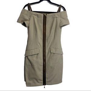 Escada Zip Front Off Shoulder Structured Dress Zipper Detail Tan Escada Dress-34